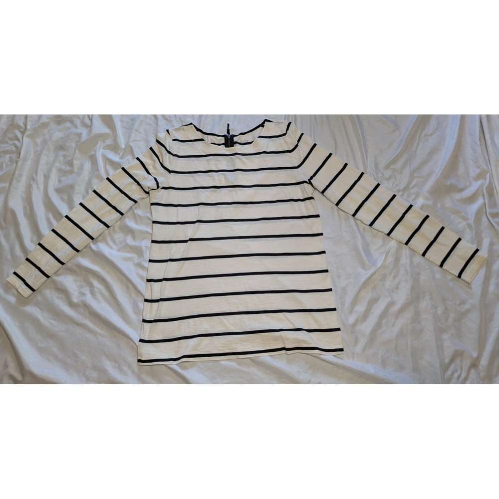 Ann Taylor LOFT Cream & Black Striped Crew Neck Shirt W/ Zipped Back Size Medium
